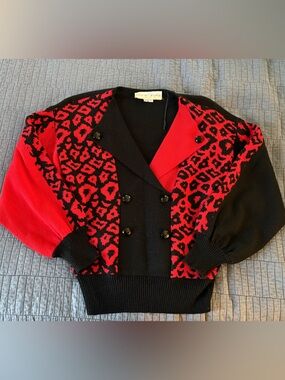 Vintage 1980’s Lillie Rubin Black and Red Leopard Knit Pullover Sweater Size M
